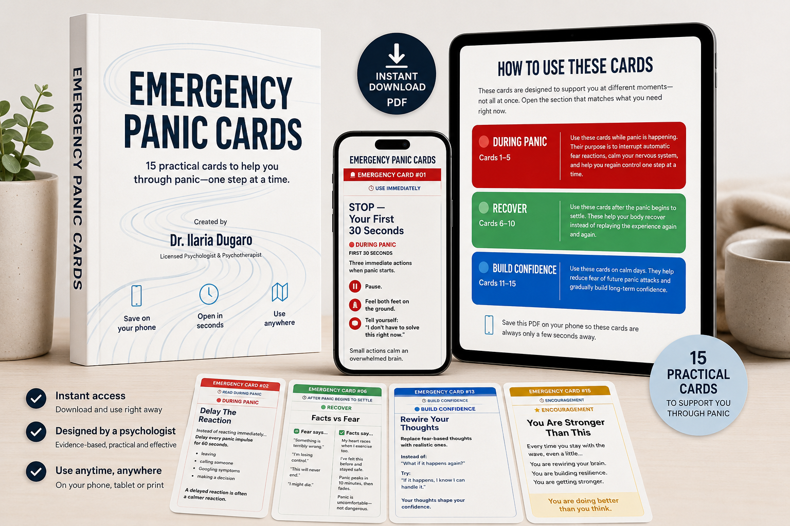 Emergency Panic Cards — 15 practical digital cards on phone, tablet and print