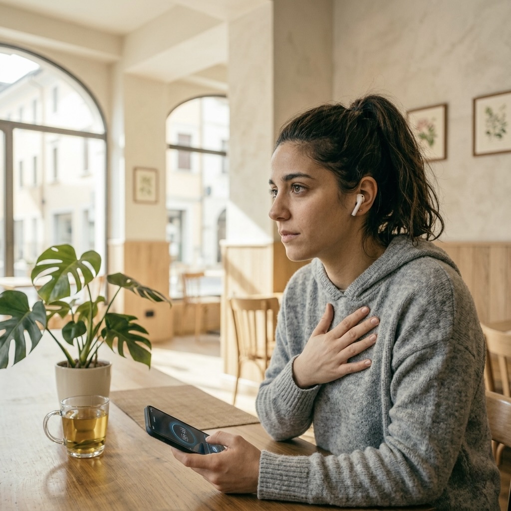 A woman pausing to listen to a guided audio during a moment of anxiety