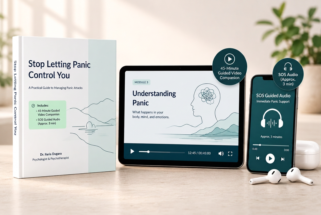 The Complete Panic Recovery Program — digital toolkit shown on tablet, phone, and book